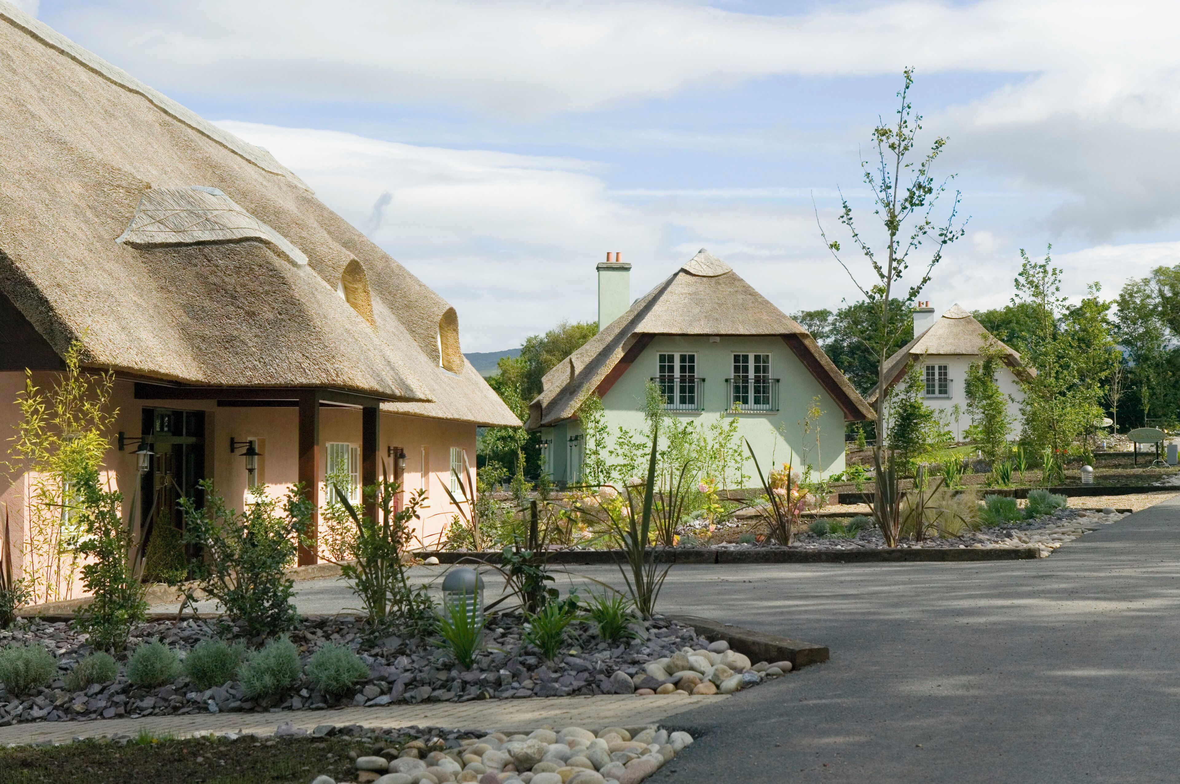A row of thatched-roof cottages with a paved driveway and landscaped gardens.