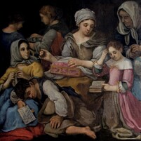A historical painting with multiple figures, some seated and some standing, in a room with a table.