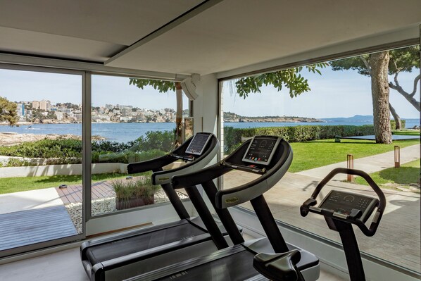 Un gimnasio en casa con cintas de correr y vistas al mar y al paisaje urbano.
