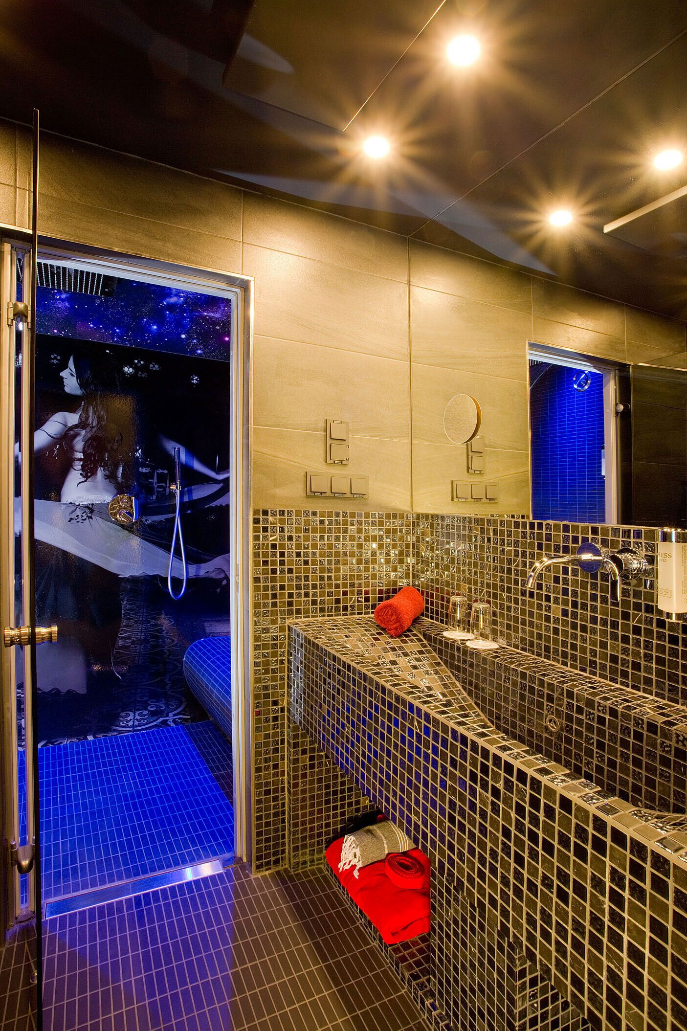 hair dryer, towels, soap, toilet paper