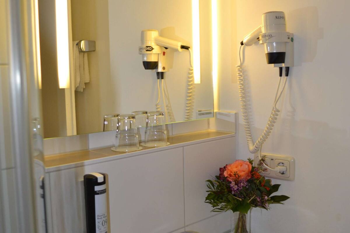 shower, free toiletries, hair dryer, towels