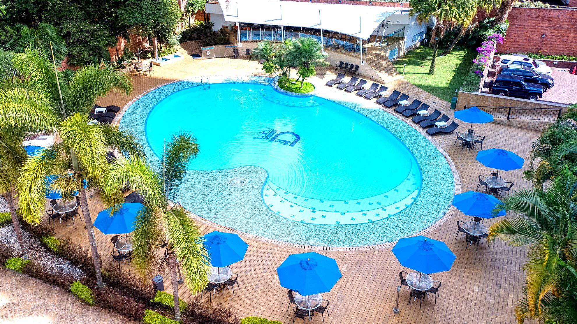 Outdoor pool, pool umbrellas, pool loungers