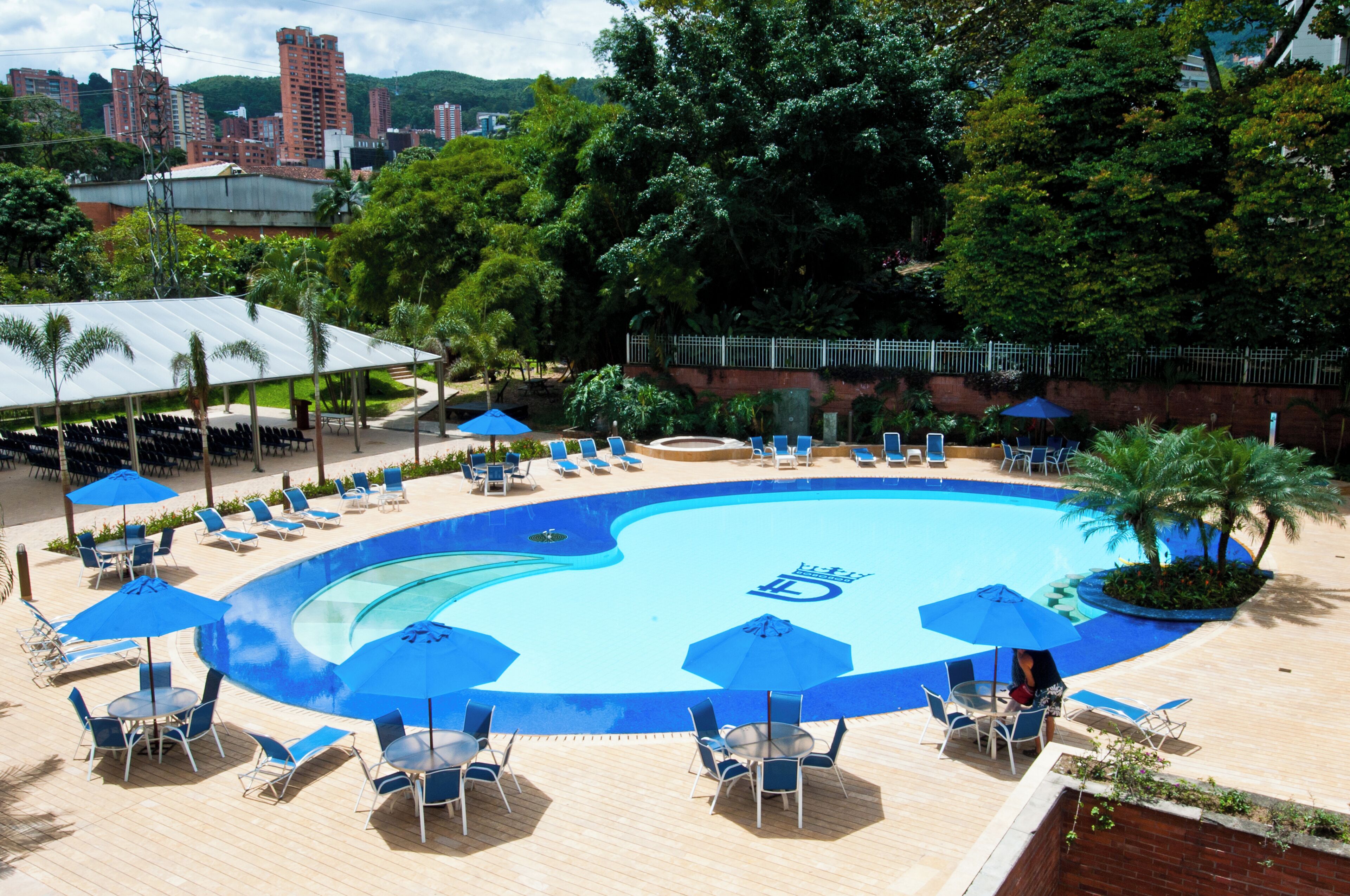 Outdoor pool, pool umbrellas, pool loungers