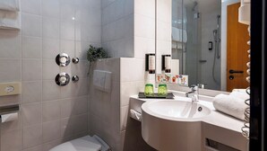 Eco-friendly toiletries, hair dryer, towels