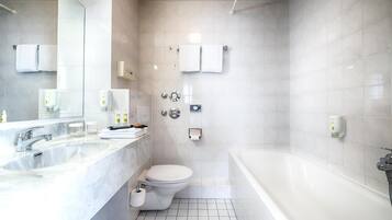 Eco-friendly toiletries, hair dryer, towels