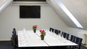 Une salle de conférence avec une longue table, des chaises, un téléviseur à écran plat et des plantes en pot.
