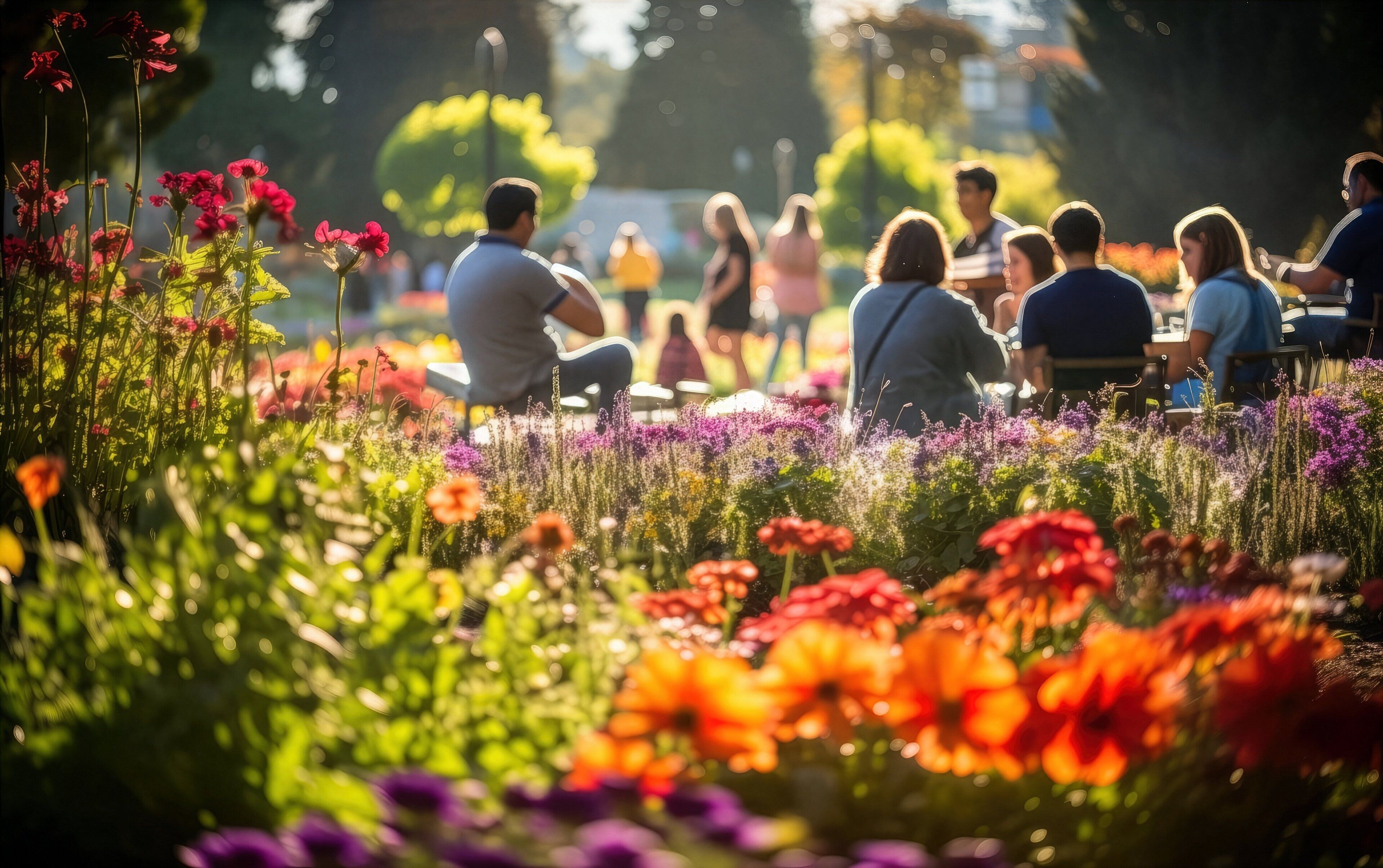 Un grupo de personas sentadas al aire libre en un jardín lleno de flores.