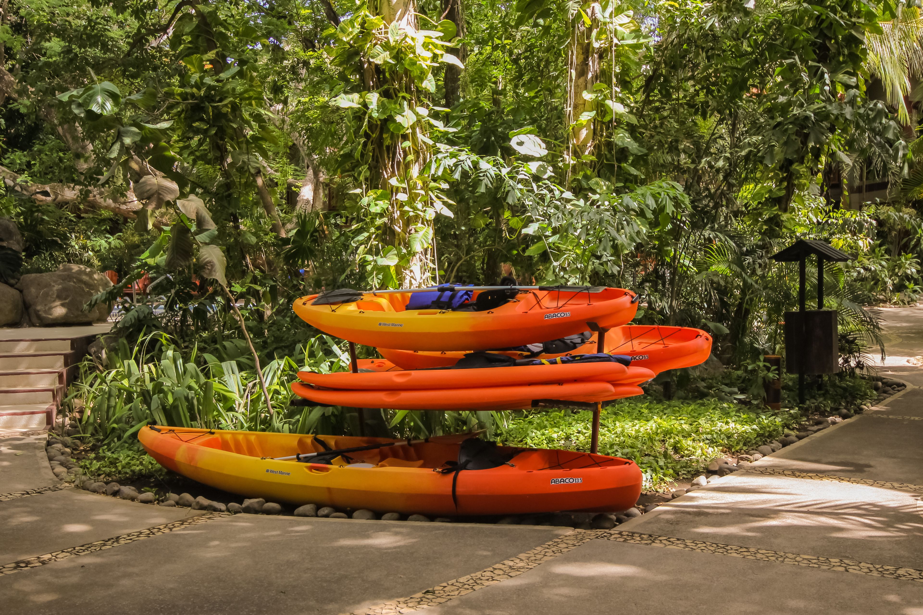 A row of kayaks in an outdoor area surrounded by dense greenery.