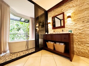 Eco-friendly toiletries, hair dryer, towels, soap