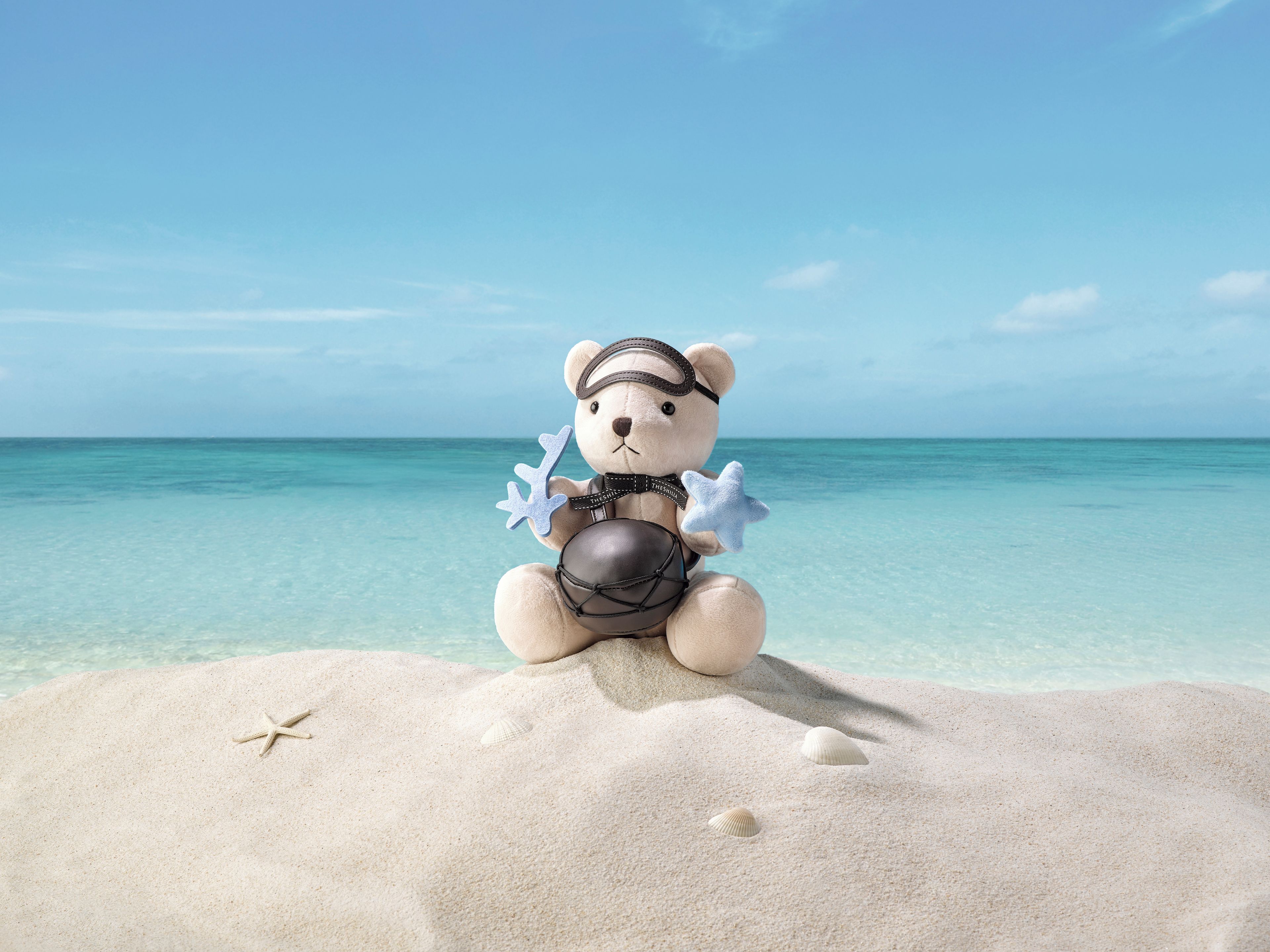 A beach scene with a teddy bear sitting on the sand, holding starfish.