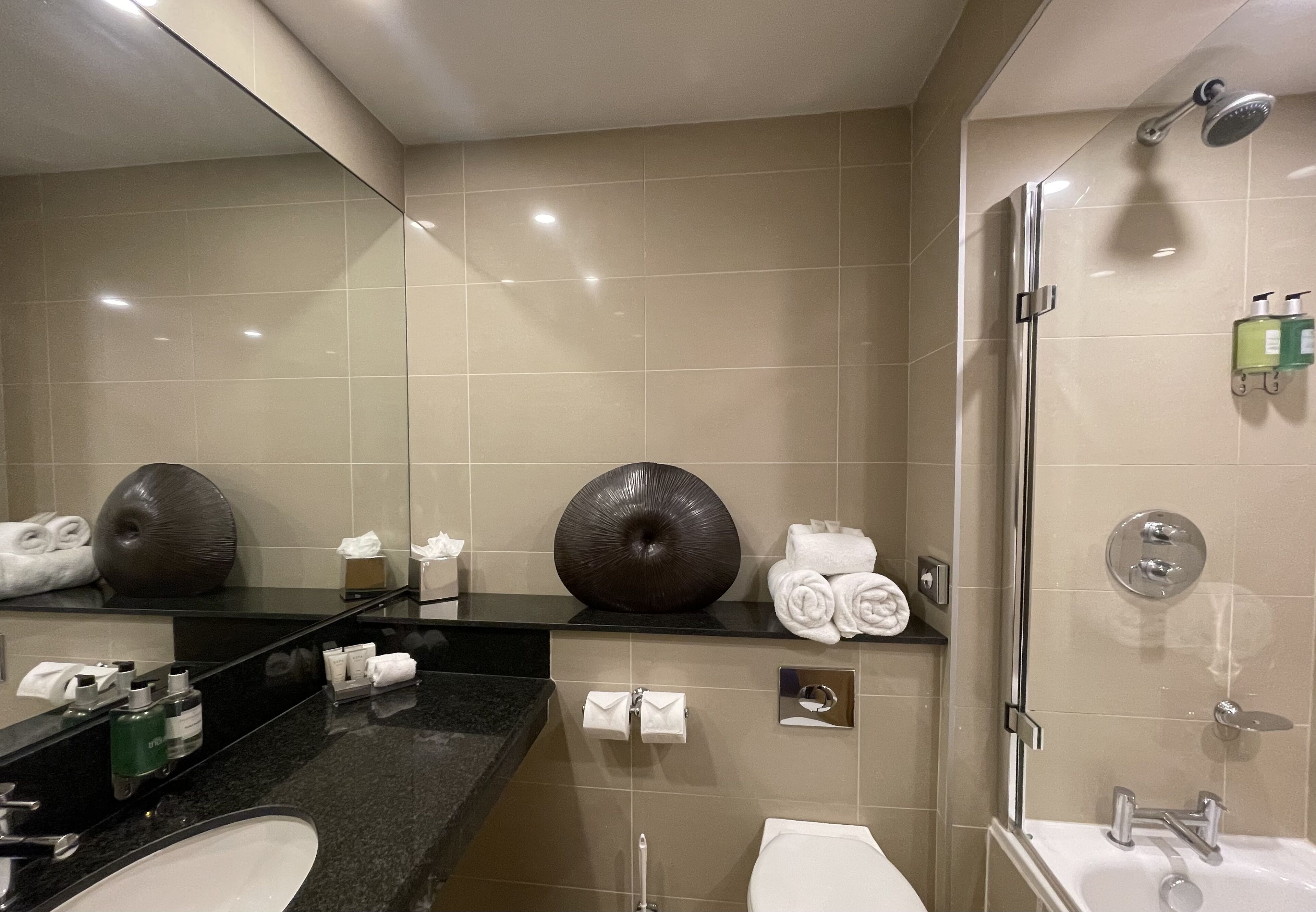 combined shower/bathtub, designer toiletries, hair dryer, bathrobes