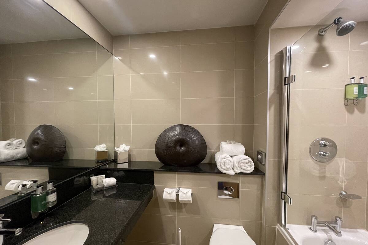 combined shower/bathtub, designer toiletries, hair dryer, bathrobes