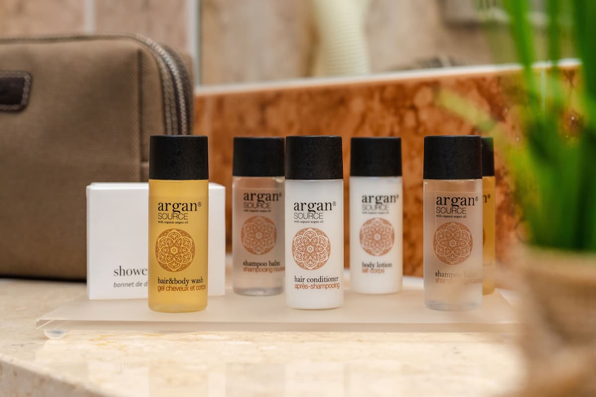 free toiletries, hair dryer, towels