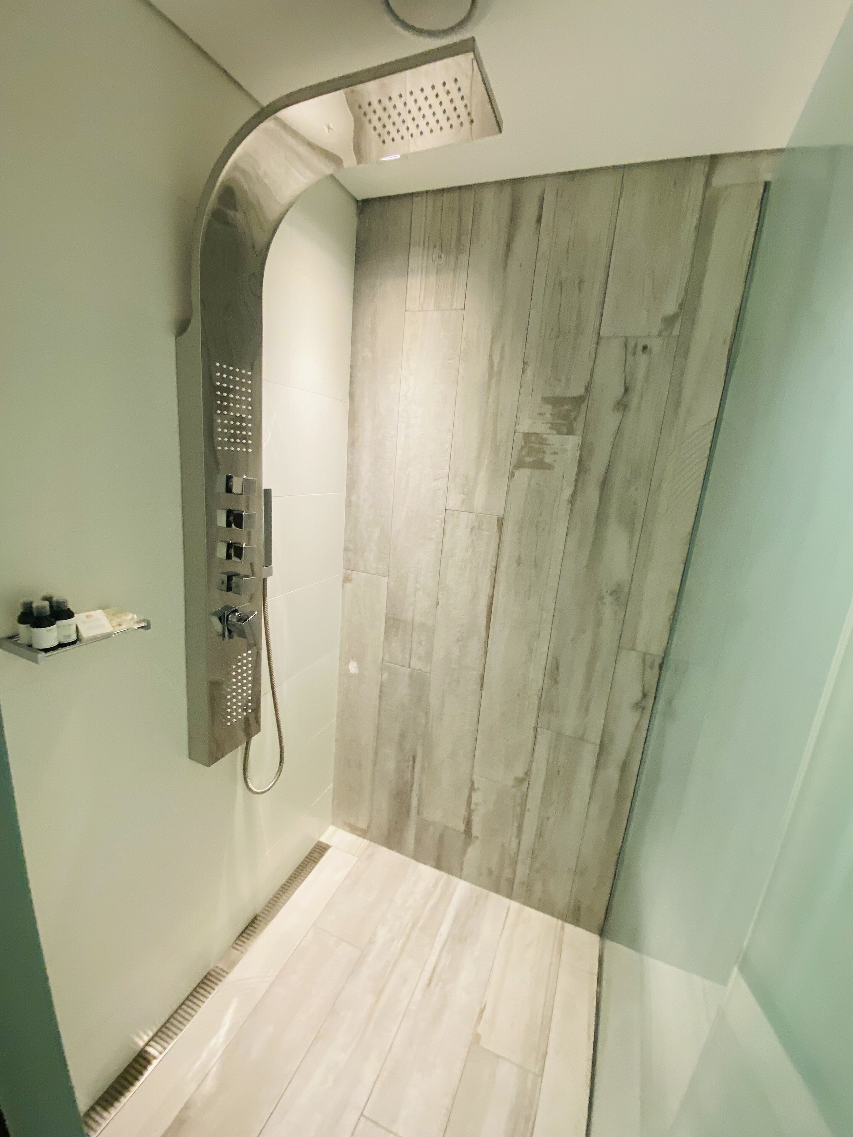 A modern shower with a curved design, a built-in shelf with toiletries, and a wooden wall panel.