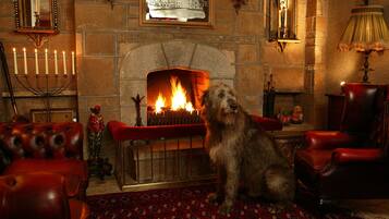 Ein gemütliches Zimmer mit Kamin, Ledersesseln und einem Hund, der am Feuer sitzt.