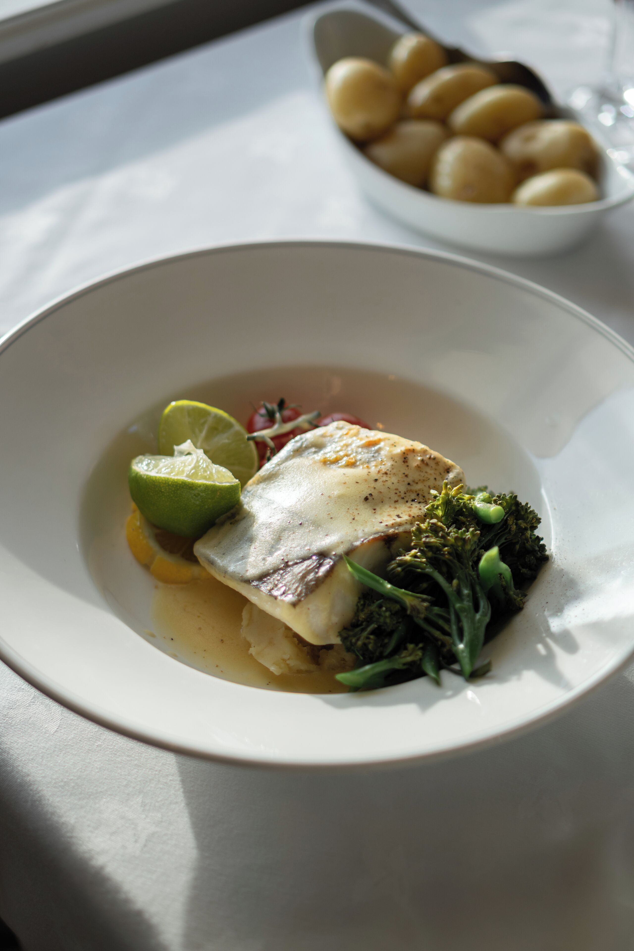 A white plate with a piece of fish, broccoli, and a lime wedge.
