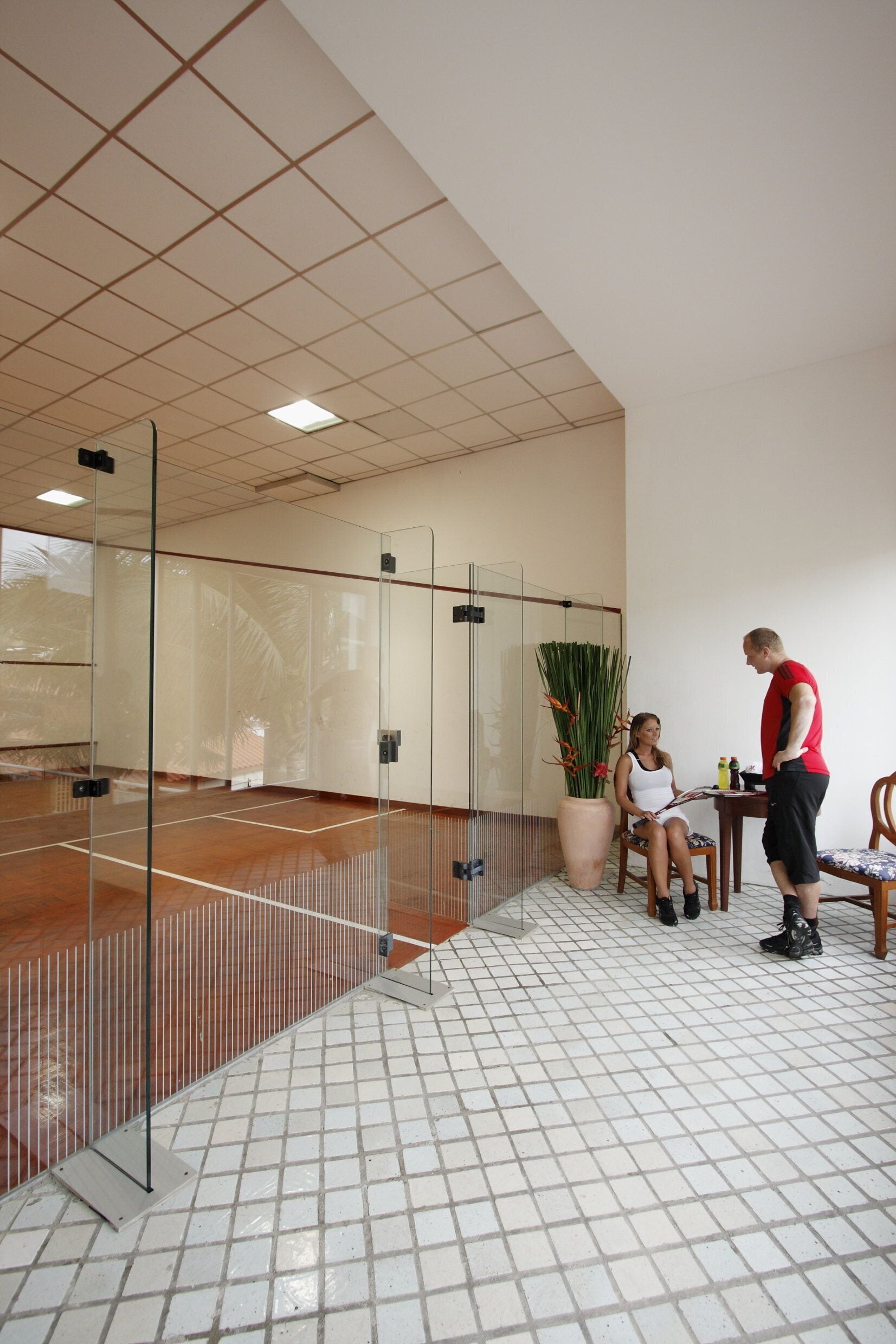 Una cancha de squash con paredes de vidrio, una planta grande en maceta y un área de descanso con mesa y sillas.