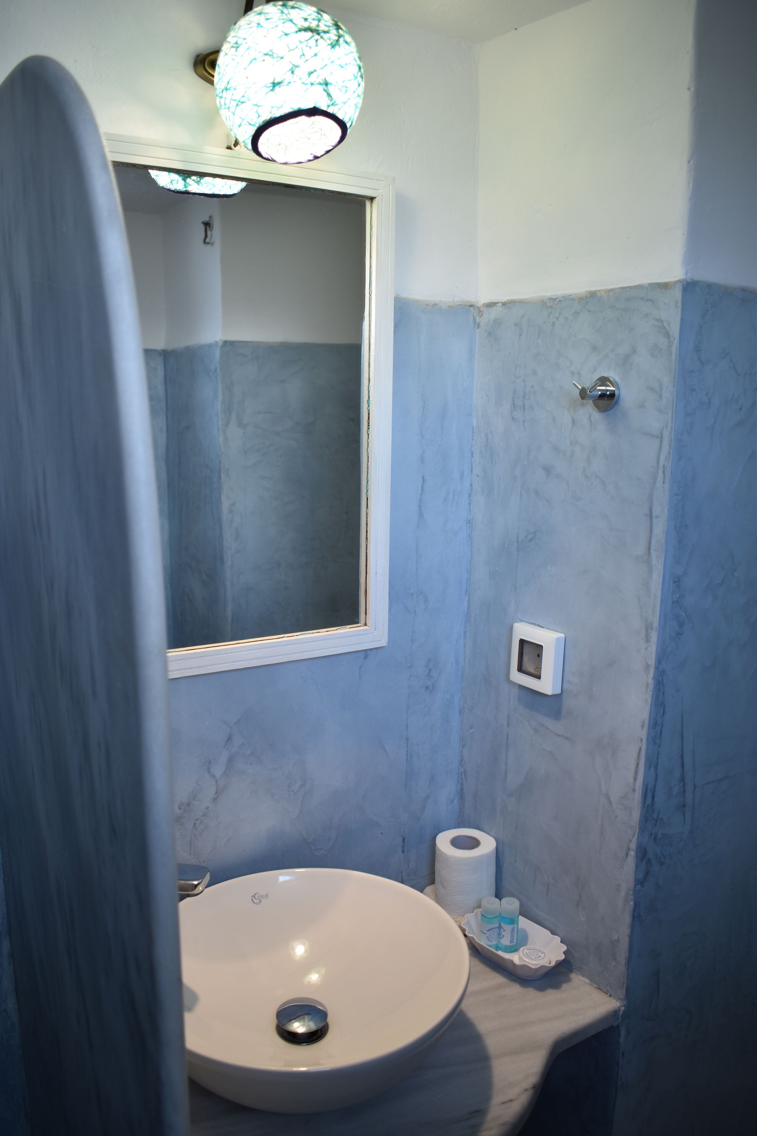 A bathroom with a round sink, a mirror, a toilet paper holder, and a shower curtain.