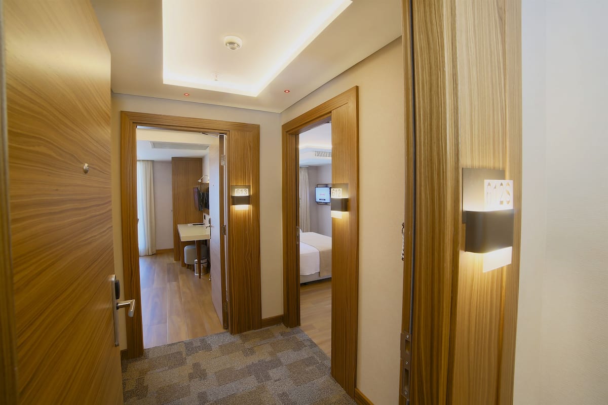 A hotel hallway with wooden doors, a carpeted floor, and a ceiling light.