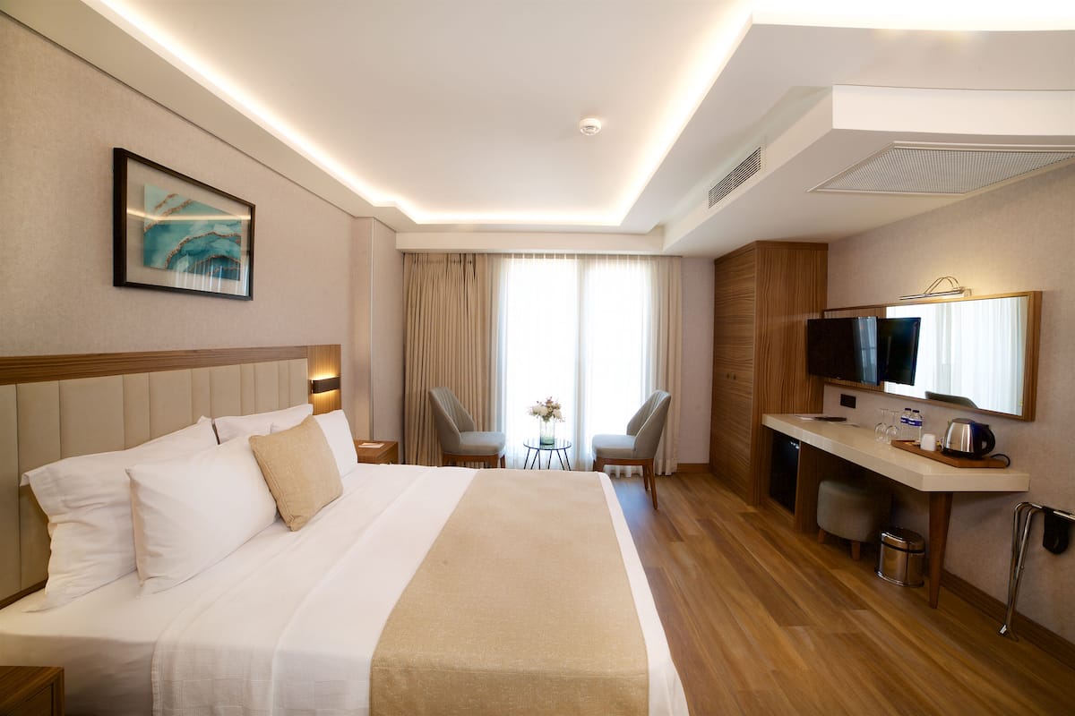 A hotel room with a large bed, a desk, a television, and a window with curtains.