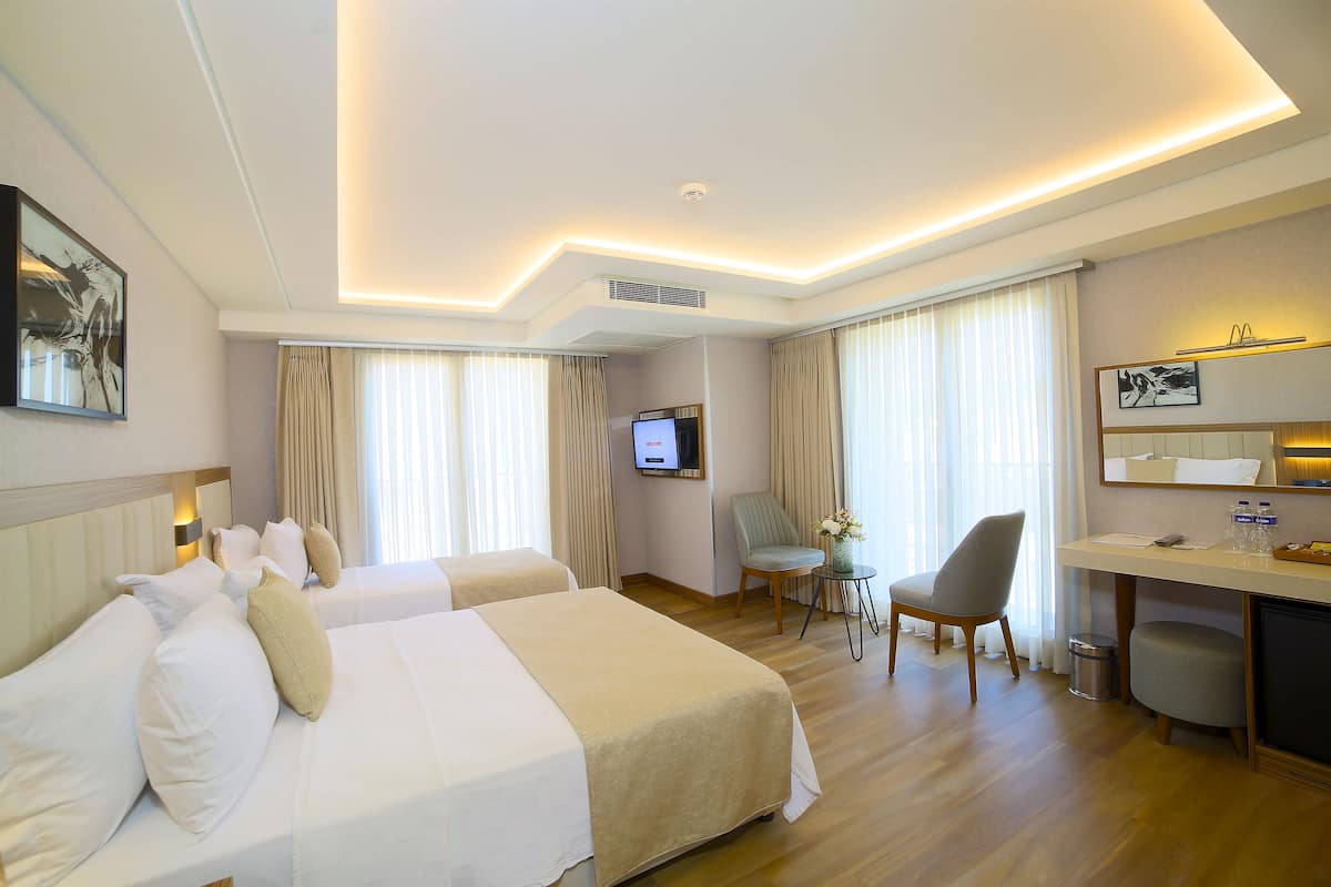 A hotel room with two beds, a desk, a chair, a TV, and a small table with a vase.