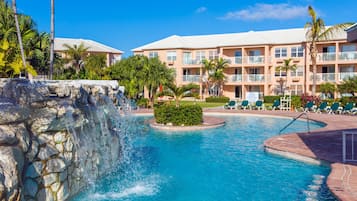 Outdoor pool, pool umbrellas, pool loungers