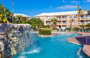 Outdoor pool, pool umbrellas, pool loungers