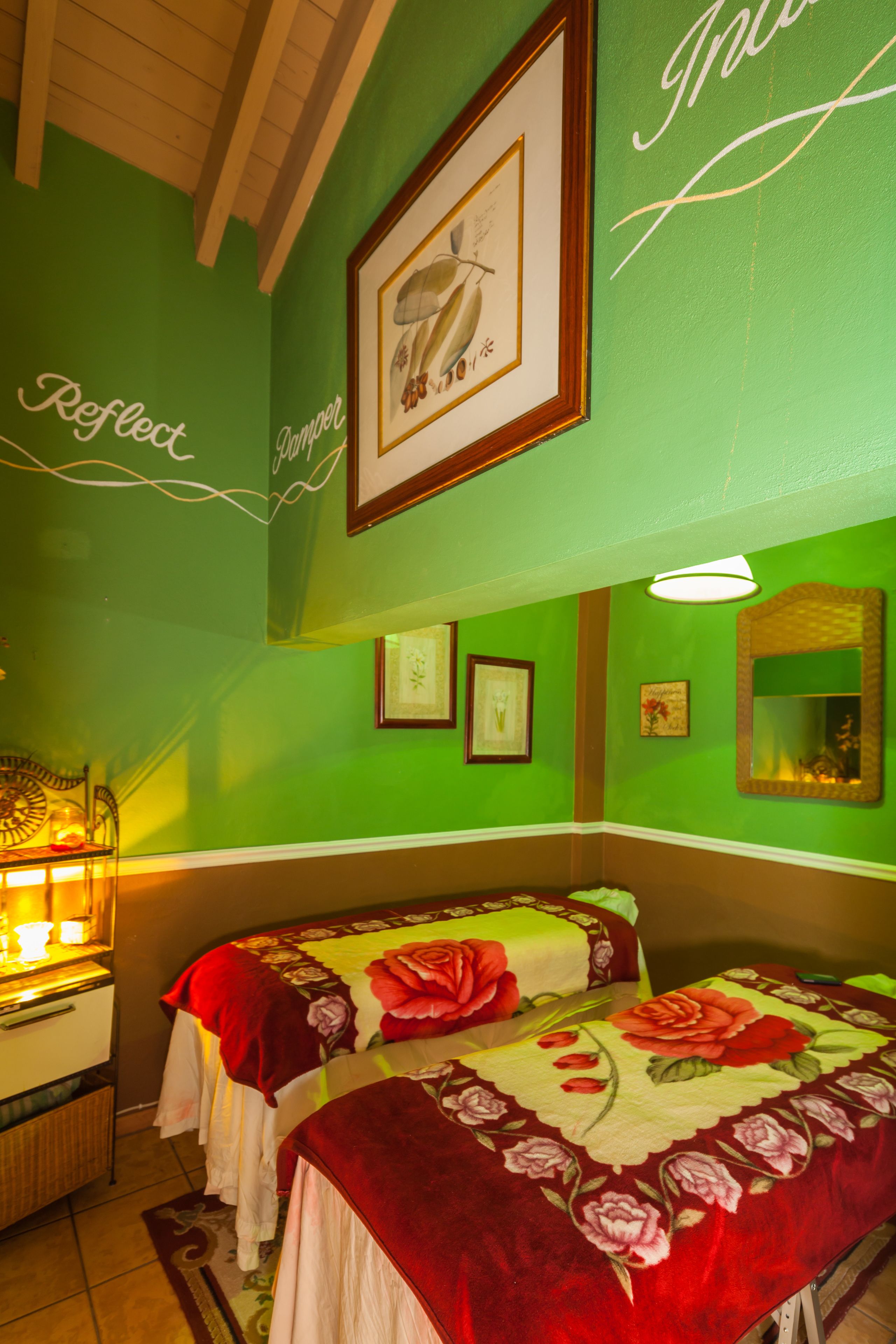 facials, massage/treatment rooms, manicures and pedicures