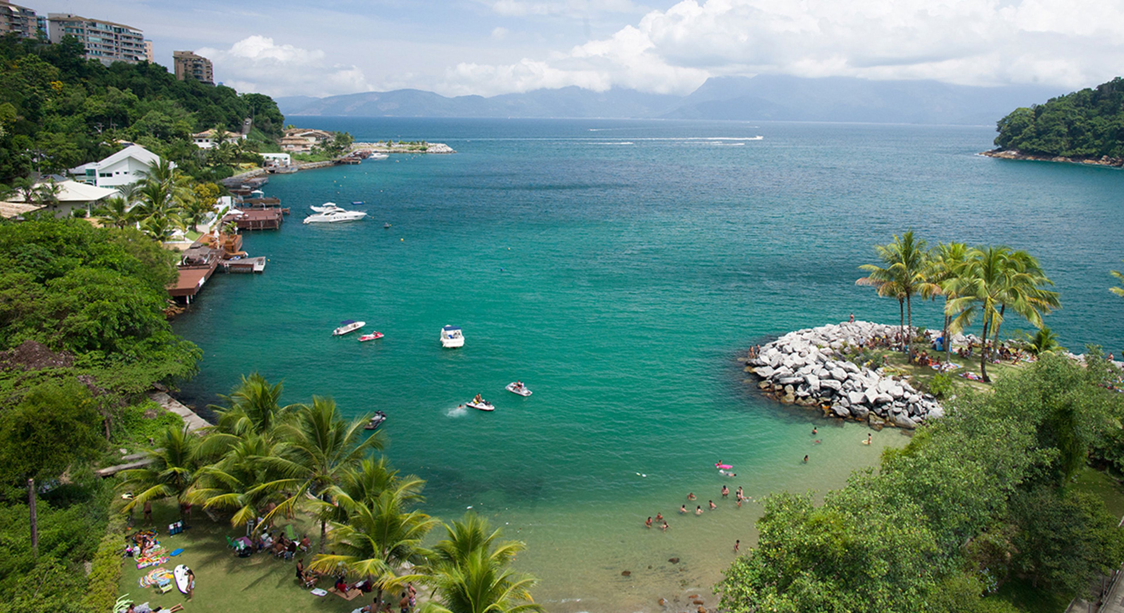 A coastal area with boats, a rocky beach, and palm trees.