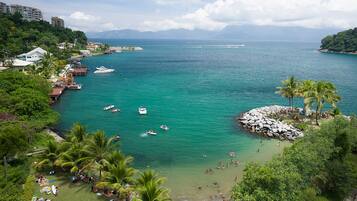 A coastal area with boats, a rocky beach, and palm trees.