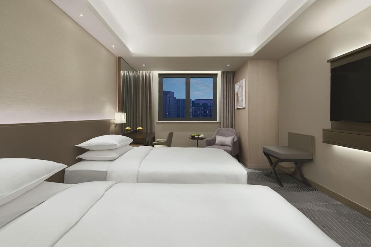 A hotel room with two beds, a desk, a chair, a TV, and a window with a city view.