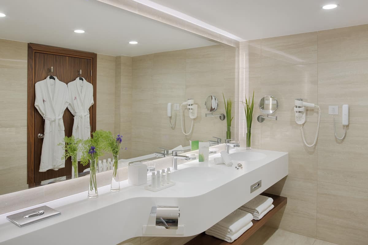 free toiletries, hair dryer, bathrobes, slippers