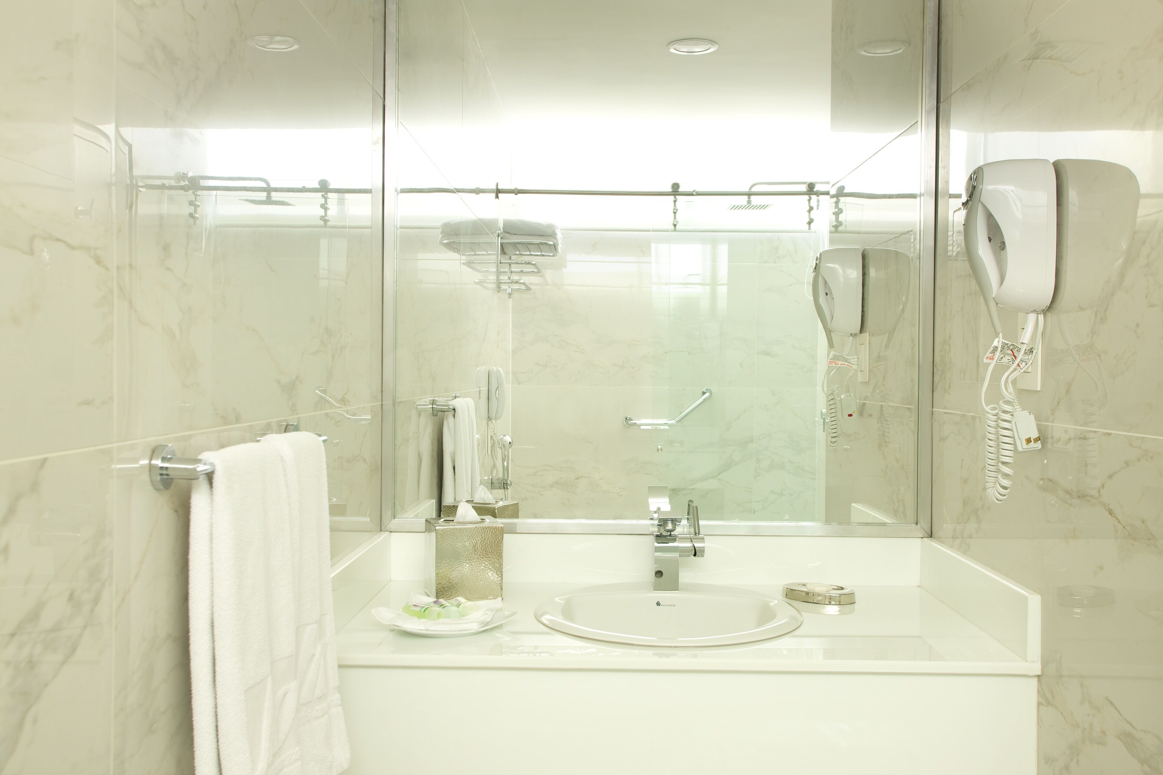 free toiletries, hair dryer, bathrobes, towels