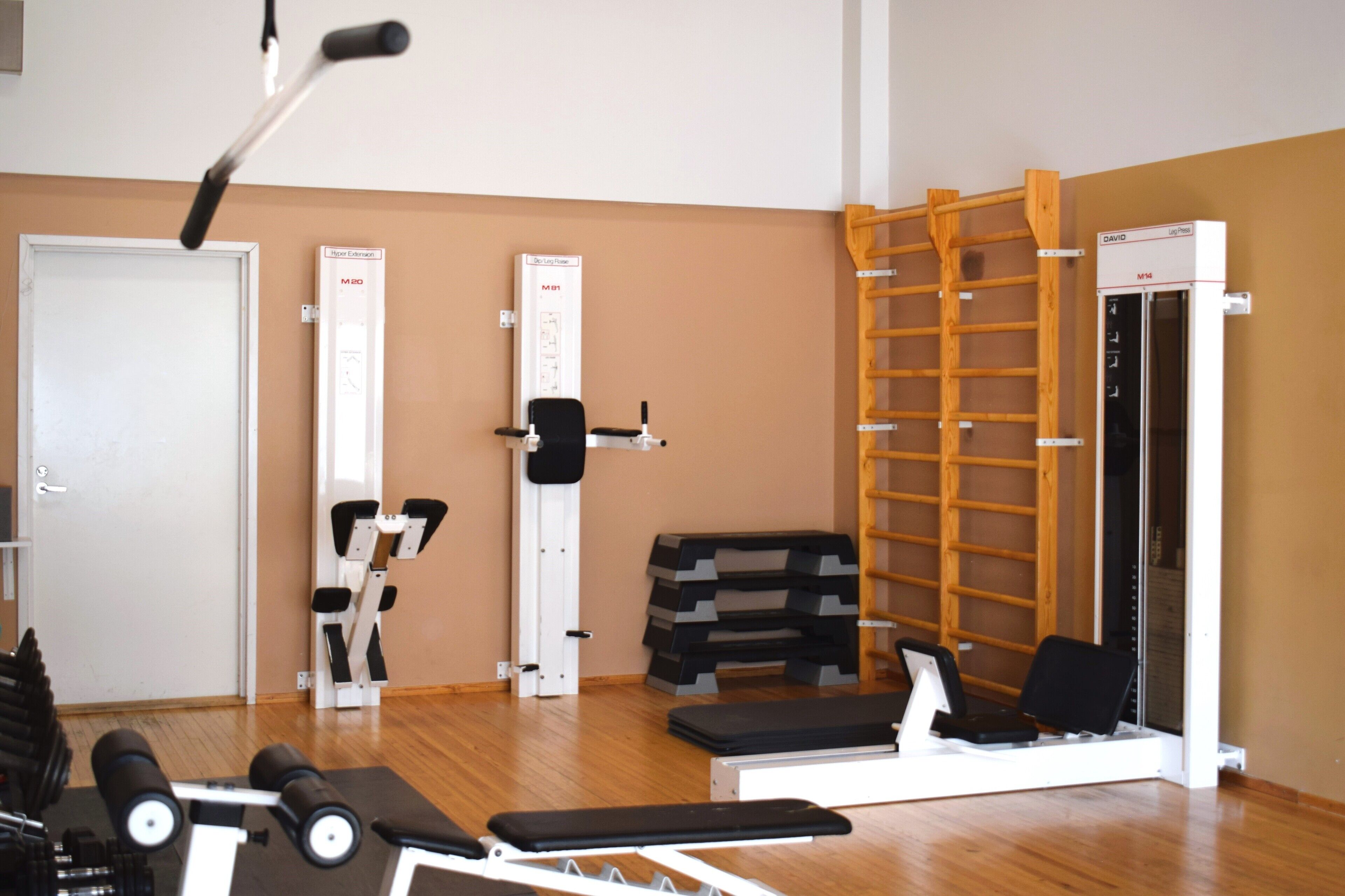 Een sportschool met trainingsapparatuur, een houten ladder en een deur.