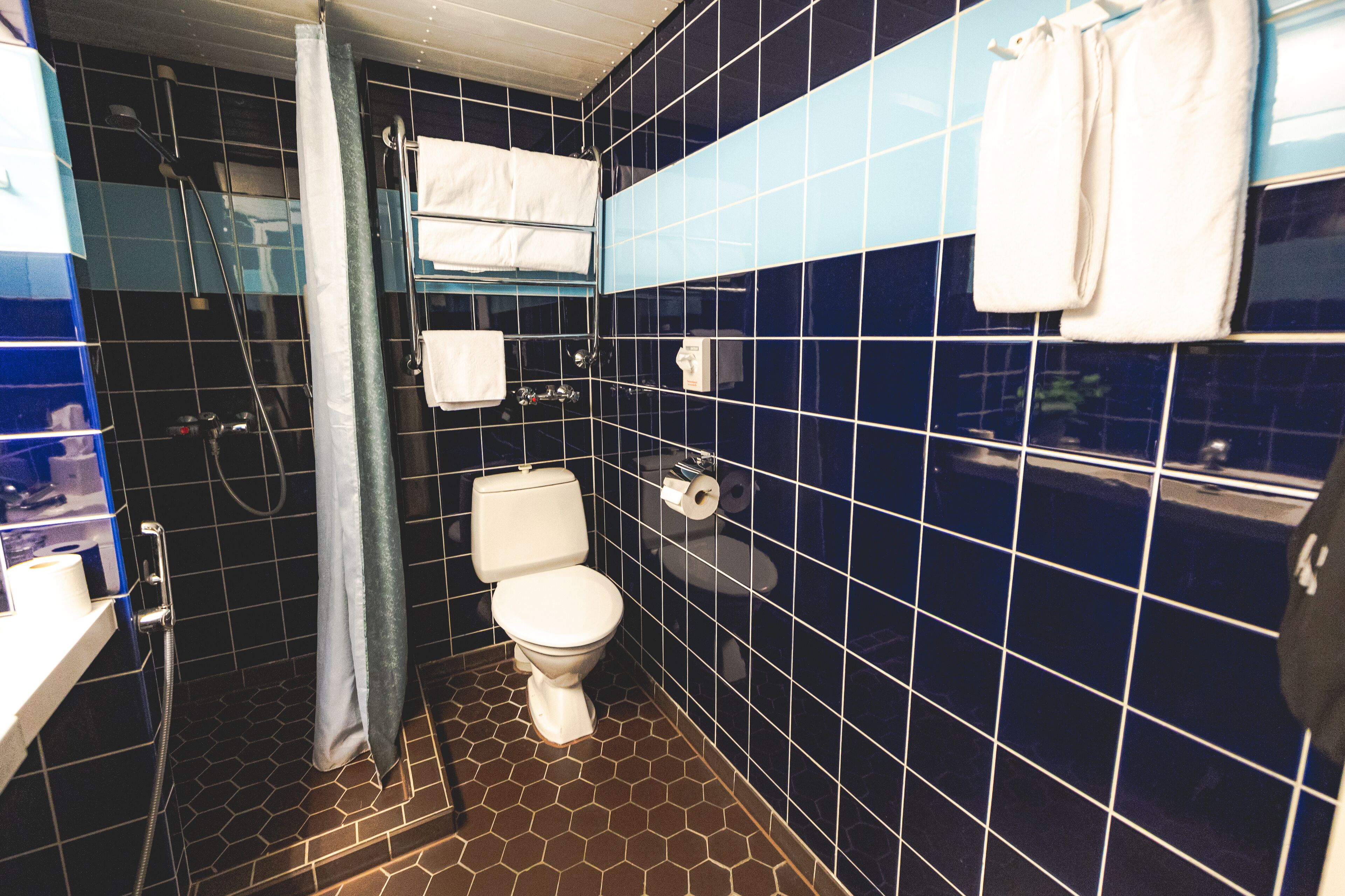 Un baño con inodoro, ducha y lavabo.