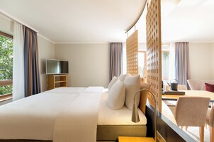 Habitación de hotel con una cama grande, televisión, escritorio con silla y vista al exterior.