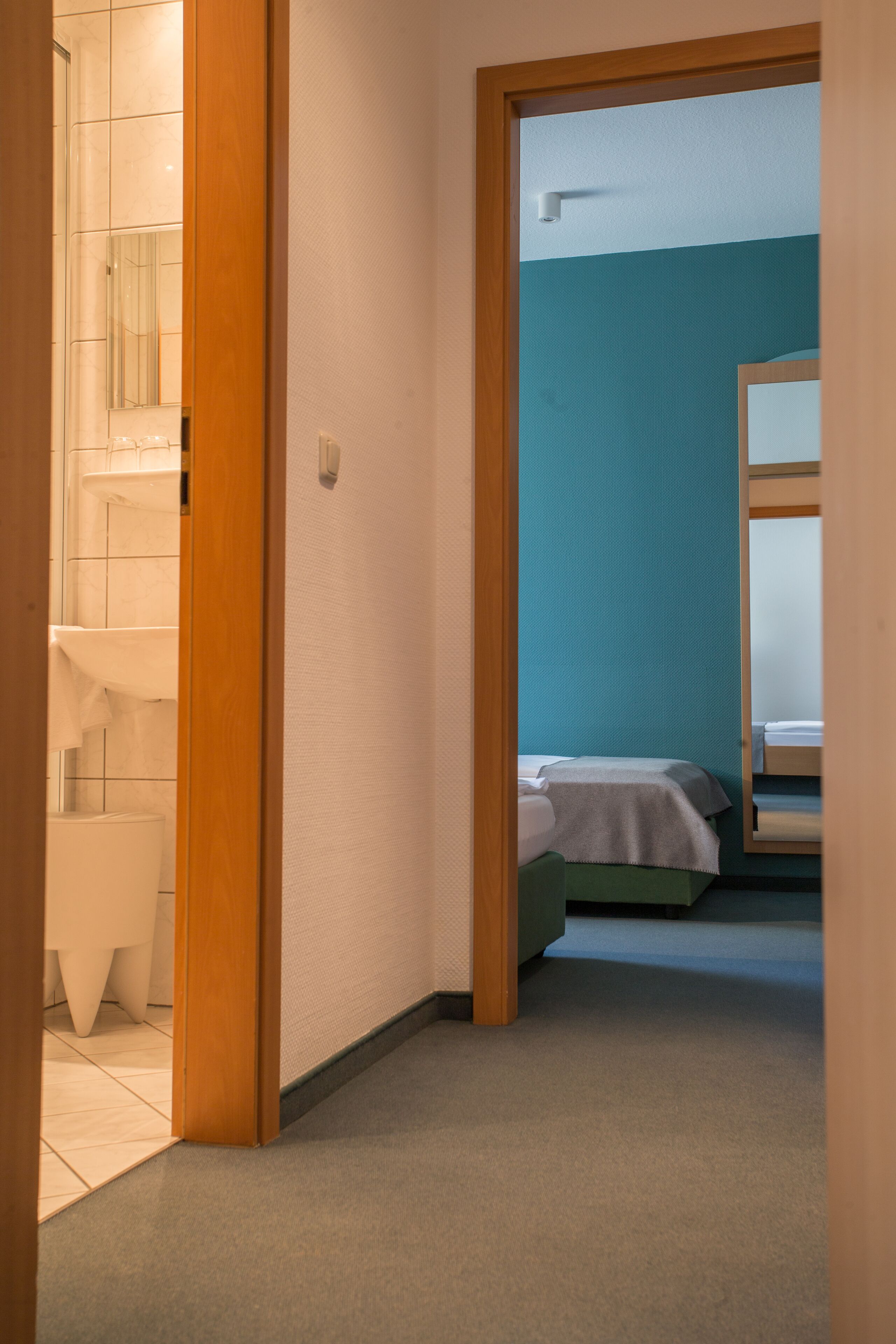 Un pasillo que conduce a un baño con ducha e inodoro, y a un dormitorio con cama y espejo.