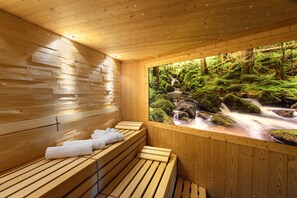 A wooden sauna with benches and a view of a forest stream. - Hotel Grüner Wald (Freudenstadt)