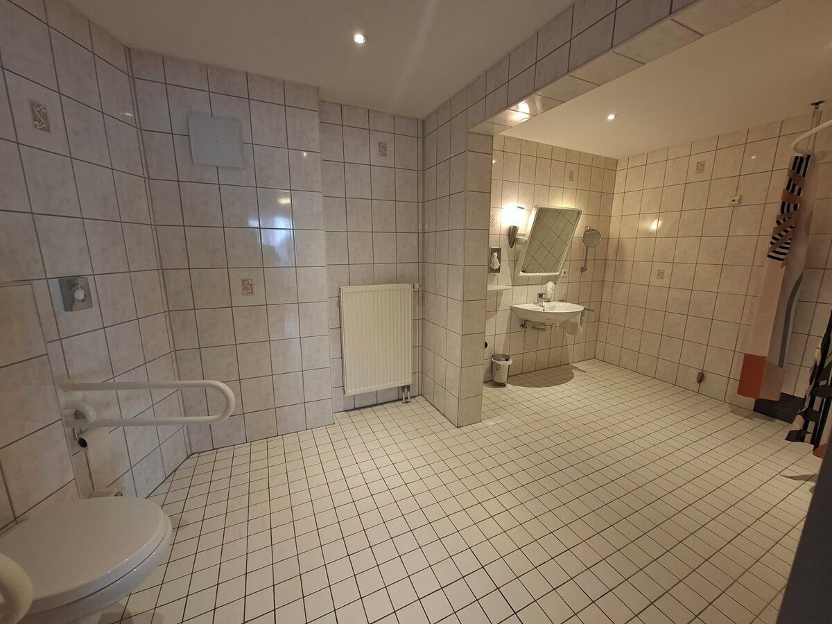 Een badkamer met toilet, radiator, wastafel en douche.