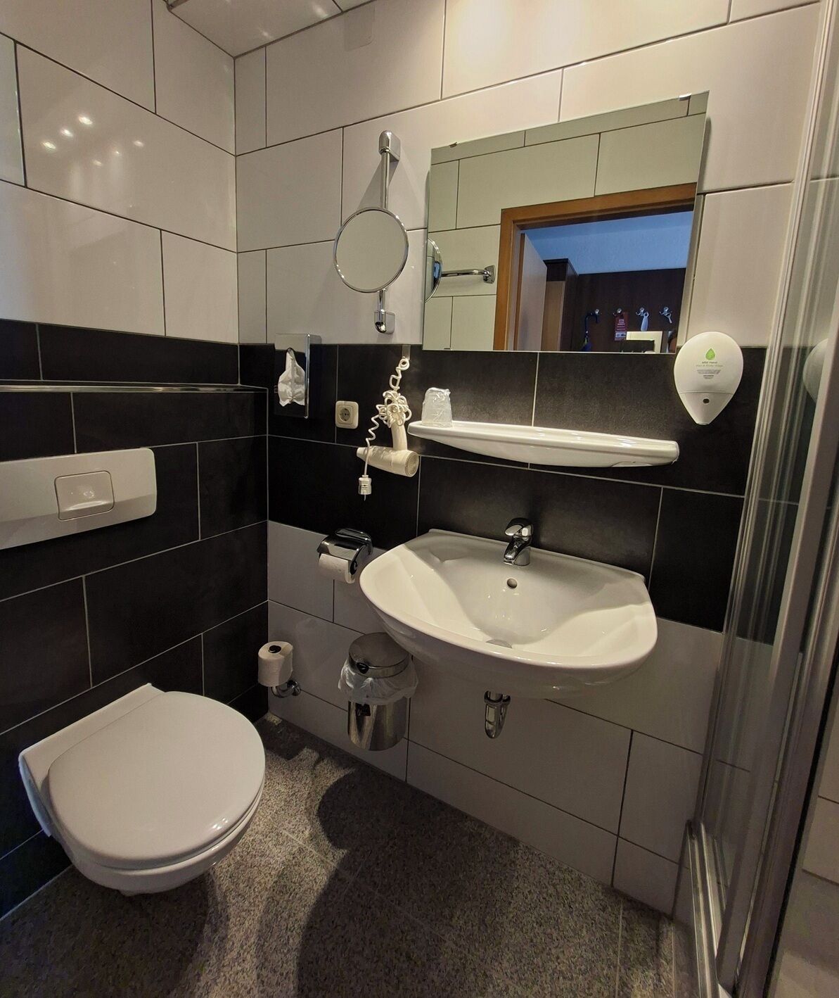 Une salle de bain moderne équipée de toilettes, d’un lavabo et d’un miroir.