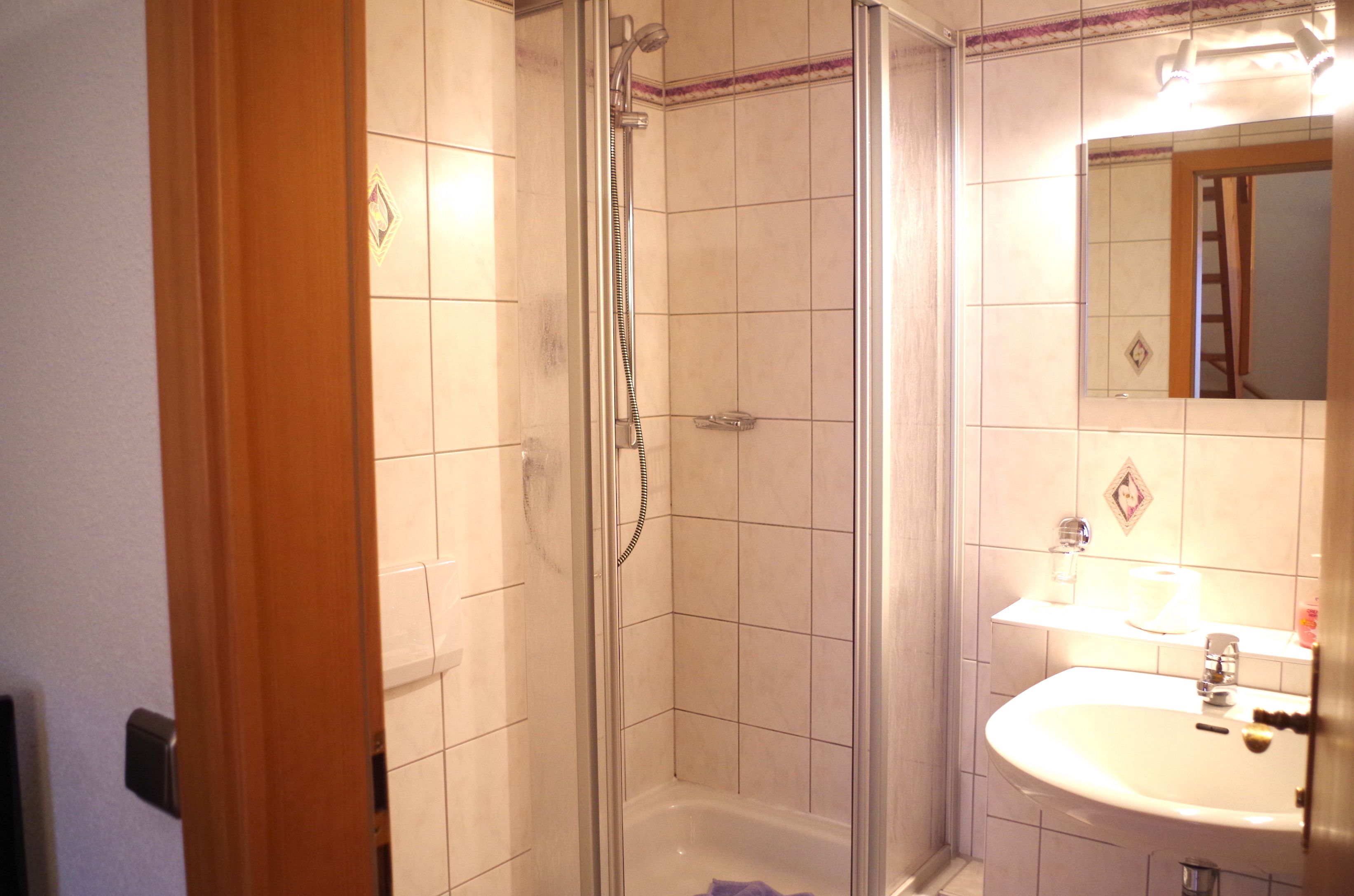 Une salle de bain avec une douche à parois de verre, un lavabo blanc et un miroir au-dessus du lavabo.