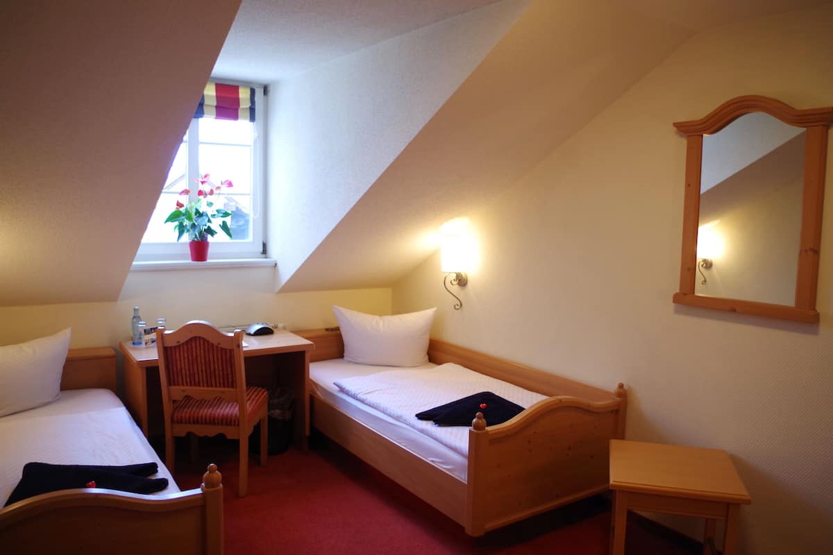 Habitación de hotel pequeña y de un solo ambiente, con cama, escritorio, silla, mesita de noche, espejo y ventana con planta en maceta.