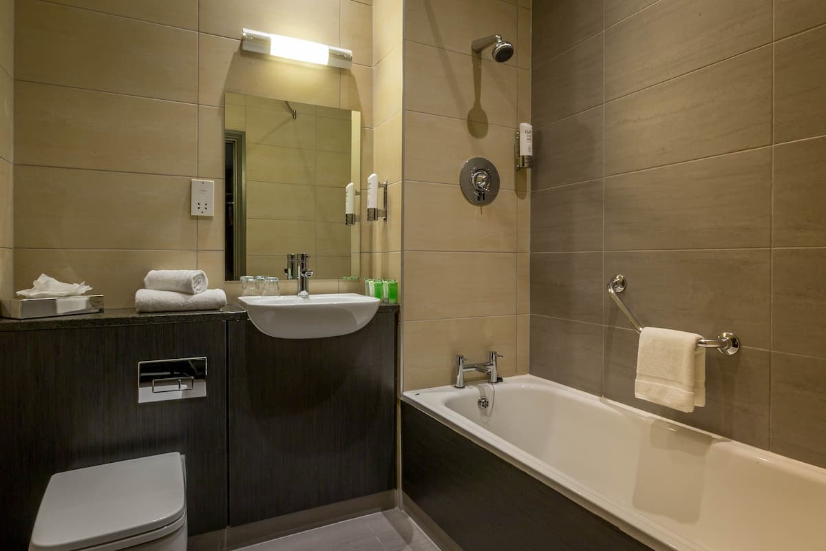 combined shower/bathtub, eco-friendly toiletries, hair dryer, towels