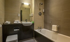 Combined shower/bathtub, eco-friendly toiletries, hair dryer, towels