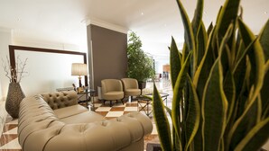 Ein modernes Wohnzimmer mit einer Couch, Sesseln, einer Lampe und einer großen Pflanze.