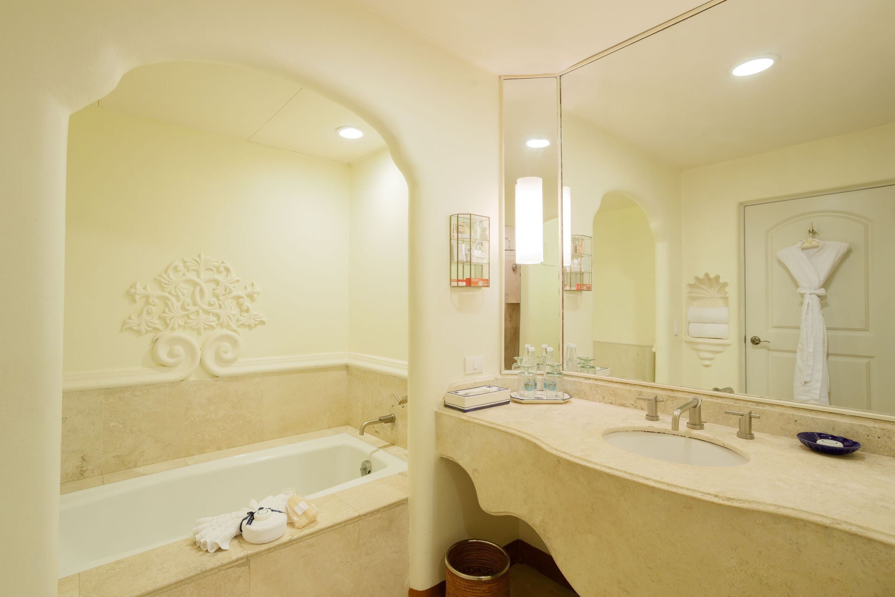 designer toiletries, hair dryer, bathrobes, slippers