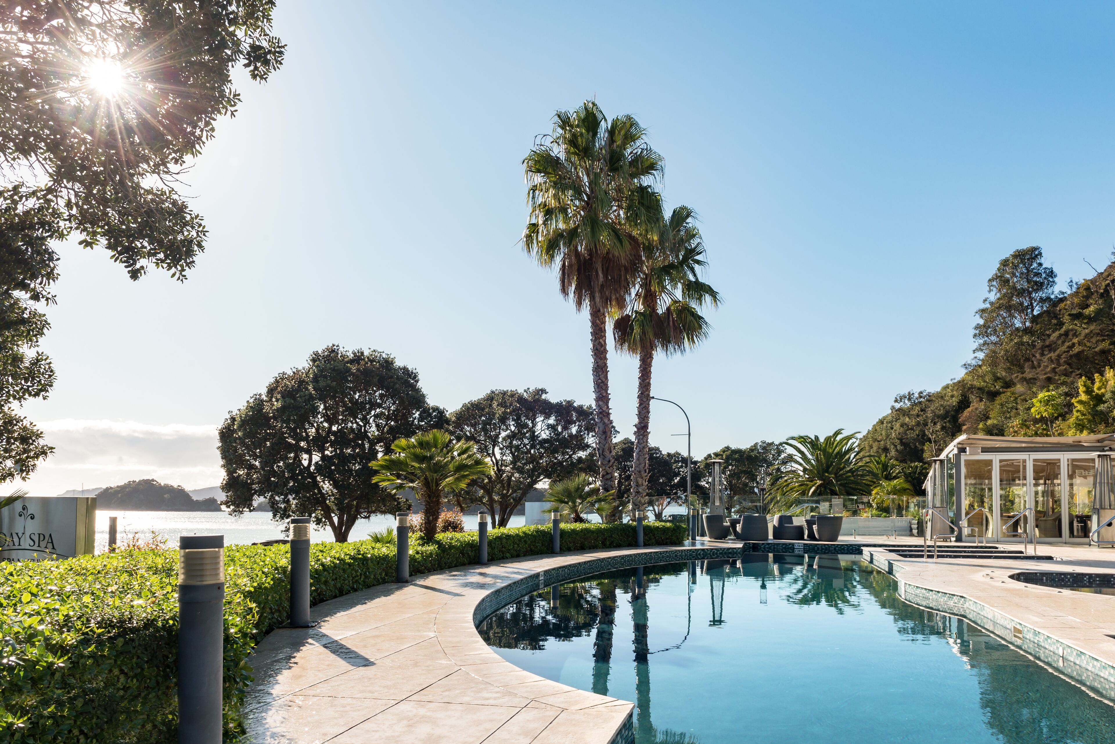 A pool area with a curved edge, palm trees, and a view of the sea.