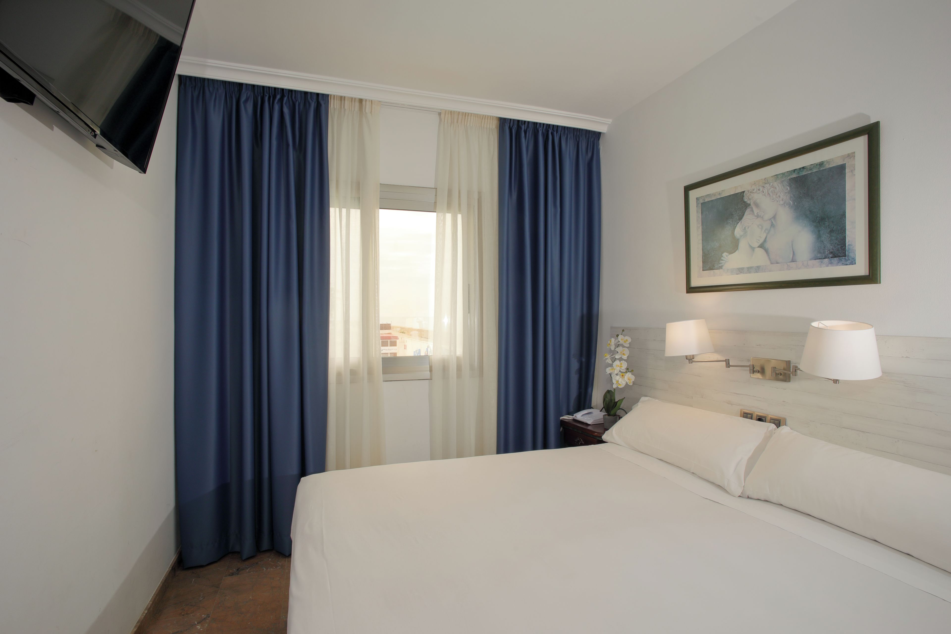 Een hotelkamer met een bed, gordijnen, een schilderij, een lamp en een televisie.