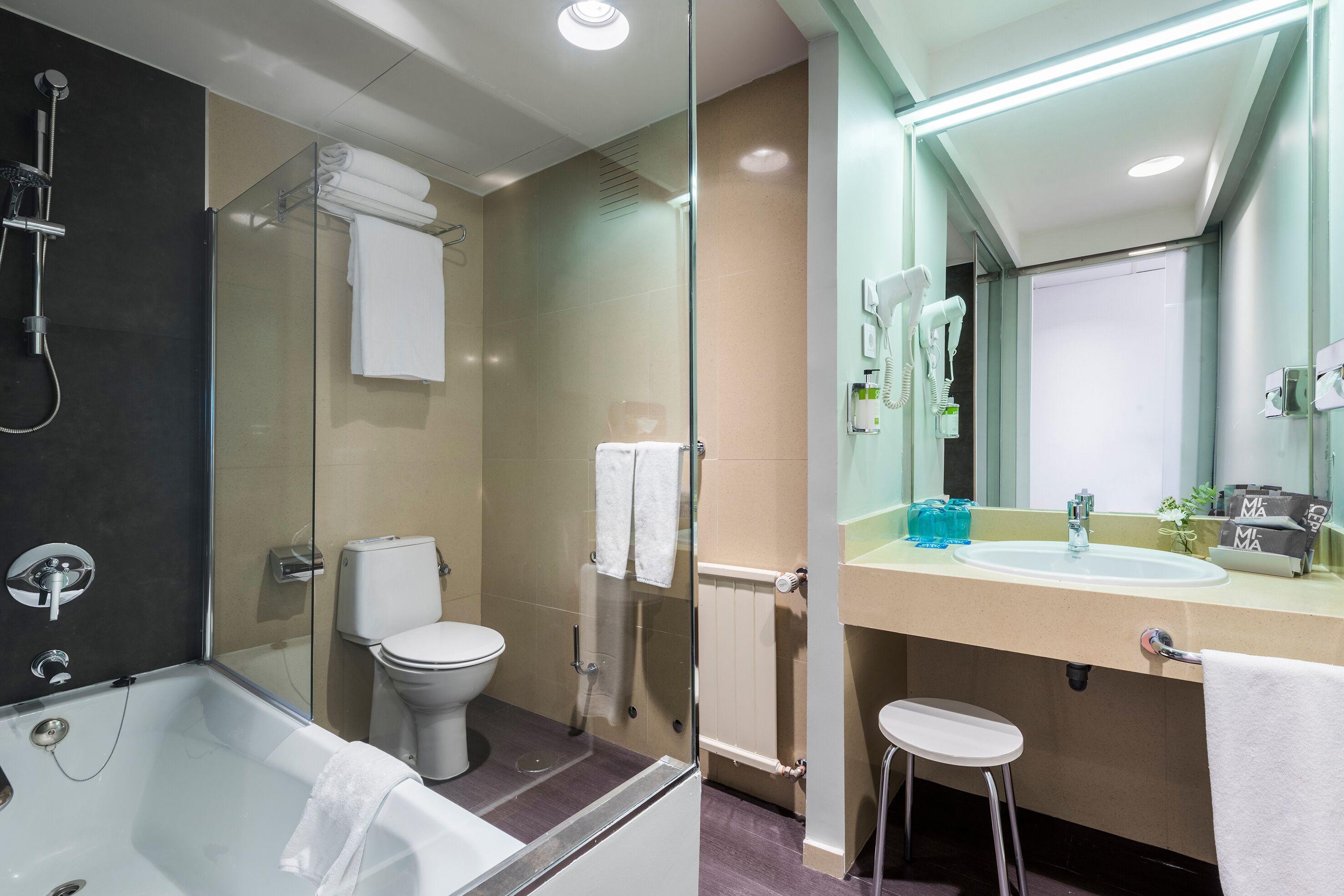 hair dryer, bidet, towels