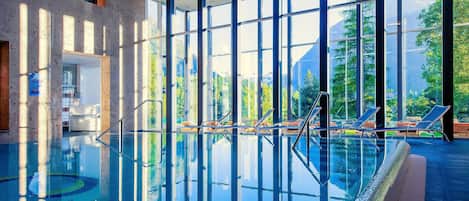 Indoor pool, outdoor pool, sun loungers